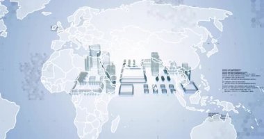 3 boyutlu bileşenler, Afrika üzerinde hizalanan ve çip haline gelen haritayla birlikte süzülüyor. Gelecek, teknoloji, dijital, yenilik, soyutlama, bağlantı, veri