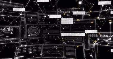 Kablo panellerine giren sürüklenen düğümler ve yıldızlar kayarak kodları güncelleyerek verileri görselleştiriyor. Fütürist, teknoloji, soyut, sanal, yenilikçi, dijital, hesaplama