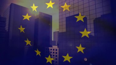 Ufuk çizgisinde kaybolan altın yıldız çemberi dönen ve dönen tetikler, güneşli şehir manzarasını ortaya çıkarır. Şehir manzarası, gökdelenler, gündoğumu, yansıma, şehir, modern, gökyüzü