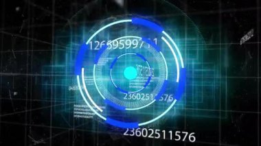 Tel çerçeve ızgarası ortaya çıkıyor. Başlangıç merkezi animasyon halkaları dönüyor. Sayıları güncelliyor ve eğilimleri gösteriyor. Fütüristik, teknoloji, veri, görselleştirme, soyut, dijital, hareket