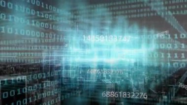 Başlangıçta ikili kod Skyline ızgarası üzerinde kaydırma görünüm ve güncelleme numaraları görselleştirme verileri. Dijital, geleceksel, teknoloji, yenilik, ağ, siber, modern