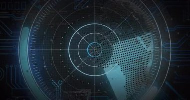 Matrix küresi tarama ışınları etrafında döndükten sonra darbe devreleri, veri taramasını canlandırdı. Teknoloji, veri, dijital, yenilik, fütüristik, ağ, bağlantı