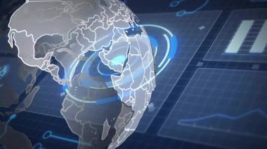 Fırlatmada, veri halkaları küresel eğilimleri görselleştirirken ortaya çıkan ve dönen 3D küre. Teknoloji, veri görselleştirme, fütüristik, analitik, siber alan, dijital ortam, yenilik