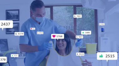 Diş hekiminin önlük takması klinikte hasta bağlarının geliştiğini gösteren animasyon sosyal simgelere neden oluyor. Diş, sağlık, profesyonellik, teknoloji, etkileşim, tıbbi, modern