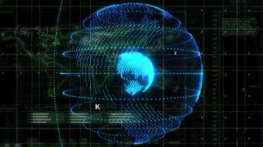 Küre görünmesi halkaların dönmesine, notların solmasına ve kodların kaymasına görselleştirilmesine neden olur. Fütürist, dijital, soyut, teknolojik, veri, görselleştirme, ağ