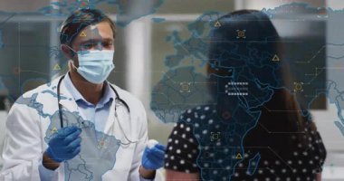 Burun temizleme testi başlatan doktor gelişen sağlık izleme veri simgelerini sıraladı. Sağlık, tanı, teknoloji, teletıp, analiz, bağlantı, profesyonellik