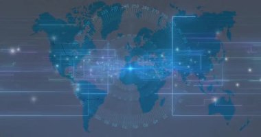 Merkezi düğüm titreşimli HUD çerçeveler dünya haritasında kayan çizgiler bağlantıyı gösteriyor. Dijital, fütüristik, parlak, teknoloji, analitik, görselleştirme,