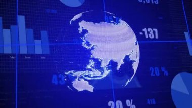 Mavi ızgara kaydırma çubuk grafikleri üzerinde doğuya doğru dönen dünya ile başlıyoruz. Analizleri güncelliyoruz. Teknoloji, veri görselleştirme, finansal, analitik, hareket grafikleri, kurumsal, modern