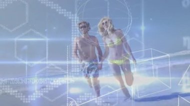 Sahilde kaybolan dijital altıgenler ve küpler, kıyı izleme ölçümleri boyunca koşan çiftler. Romantizm, atletizm, deniz manzarası, teknoloji, canlılık, eğlence, dinamik