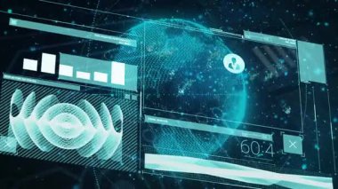 Oynatma başladıktan sonra, UI titreşimli dalga formu ve çubuklar ağ büyümesini görselleştirir. Holografik, geleceksel, veri, analitik, dijital, görselleştirme, teknolojik