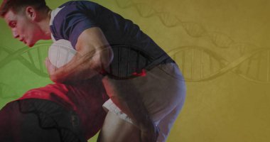 Lacivert ve kırmızı formalı ragbi oyuncularını beyaz rugby topuyla, çift renkli gradyan formalarla yakalamak. Atletizm, takım çalışması, hareket, canlı, rekabet, enerji, spor