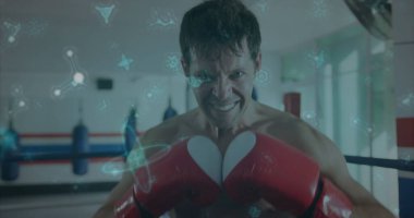 Spor salonunda kırmızı eldiven ve şort giyen, moleküler ağ kaplamalı üstsüz boksör. Atletik, kararlılık, güç, zindelik, eğitim, esneklik, modern