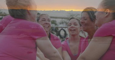 Aynı pembe tişörtleri giyen altı kadına tezahürat yapmak engelli parkurunda, yüzüklerle ve barlarla toplanmak. Takım, yoldaşlık, motivasyon, açık hava fitness, esneklik, aktif yaşam tarzı, kutlama