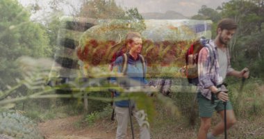 Yürüyüş kıyafetleriyle gezen yetişkin yürüyüşçüler orman patikalarında yürüyüş direkleri ve sırt çantalarıyla geziniyorlar. Macera, keşif, açık hava, doğa, refah, aktif, vahşi doğa.