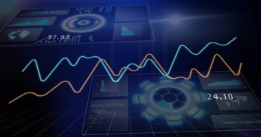 Holografik kontrol sisteminde çizgi grafiklerini, bar çizelgelerini ve harita örtülerini gösteren yüzen veri panelleri. Fütüristik, teknoloji, görselleştirme, arayüz, dijital, analitik, donanımlı