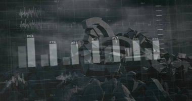 Parçalanmış vitesleri dijital ızgara arayüzünde, bar çizelgeleri ve çizgi grafikleriyle birlikte görüntülemek. Teknoloji, veri, analitik, şematik, fütüristik, endüstriyel, yenilik