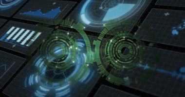 Çubuk grafikleri, çizgi grafikleri ve radar ekranıyla birlikte karanlık ızgarada yüzen yeşil HUD elementleri gösteriliyor. Gelecekçi, holografik, veri, görselleştirme, teknoloji, arayüz, etkileşimli