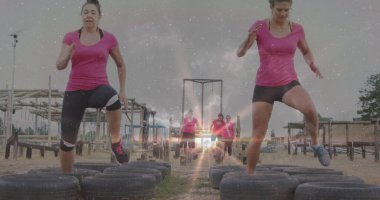 Lastik lastik lastiklerle çimenlik alanda lastik çevikliği talimi yapan pembe gömlekli kadınlar. Fitness, takım çalışması, açık hava, aktivite, sağlıklı yaşam tarzı, spor, motivasyon