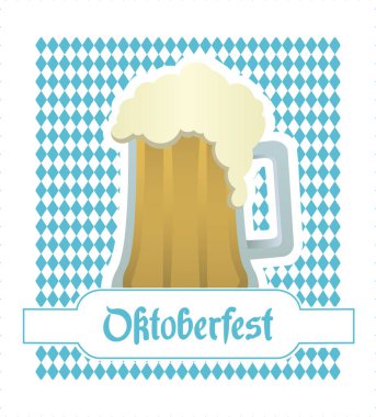 Düz dizayn bira kupası, üzerinde Oktoberfest afişi olan mavi beyaz elmas motifi ile köpükle parlıyor. Şenlik, zanaat, kutlama, grafik, folklorik, canlı, mevsimlik