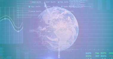 Süzülen holografik dünya küresi dijital gösterge panelinde dönüyor, çizgi grafiği ve çubuk grafik verileri gösteriliyor. Fütüristik, veri görselleştirme, dijital arayüz, küresel analitik, yüksek teknoloji, sanal ortam, bilgi