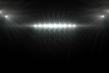 Düz tasarım, radyal patlamalar yapan yatay sıra beyaz spot ışıklarıyla karanlık sahneyi tasvir ediyor. Tiyatro aydınlatma, sahne aydınlatma, sahne ışığı etkisi, dramatik atmosfer, monokrom, minimalist tasarım, performans ortamı