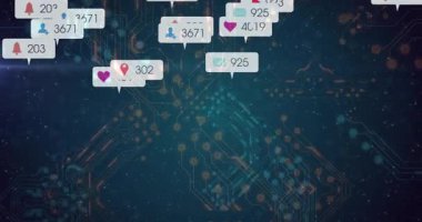 Yüklenen sosyal medya baloncukları devre ızgarası boyunca patlıyor ve sürükleniyor. Nişan büyümesini görselleştiriyor. Dijital, geleceksel, teknoloji, ağ, veri, analitik, siber