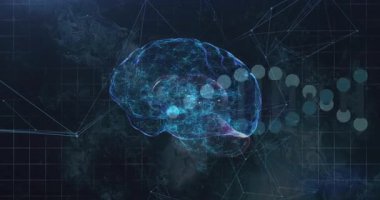 Sol taraftan başlayan 3 boyutlu beyin hologramı, görselleştirme için beyin dönerken DNA sarmalı kayıyor. Hologram, yenilik, fütüristik, biyoteknoloji, nörobilim, dijital, bilim