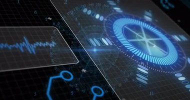 Izgara görünümü, UI nabız çizgisi parlatıcı dalga formu, dönme ölçer, döngü HUD etkisi yaratıyor. Fütürist, teknoloji, arayüz, animasyon, dijital, sürükleyici, veri