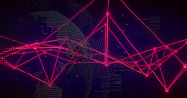 Noktalı kürenin üzerinde mavi boşluk örgüsüne karşı açılan kırmızı düğümler görselleştirici veri akışını sağlıyor. Dijital, fütüristik, soyut, teknoloji, siber uzay, bağlantı, yenilik