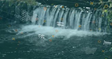 Kayalık çıkıntının üzerinden akan şelale, soluyor ve arayüzü gösteren çizgilere bağlanıyor. Doğa, teknoloji, soyutlama, dingin, dijital, manzara, bağlantı