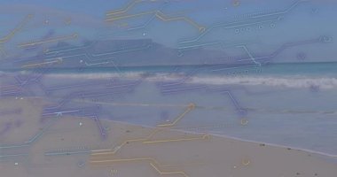 Yükselen başlangıç dalgaları, devre ağını göstermek için kumlu sahilde ilerleyip geri çekiliyor. Teknoloji, yenilik, bağlantı, dijital, fütürizm, huzur, soyut