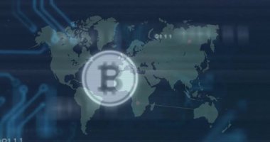 Bitcoin simgesini başlatan düğümleri gösteren karanlık harita, bağlantı hatları veri bağlantıları yayıyor. Dijital, kripto para birimi, engelleme zinciri, teknoloji, veri, ağ, fütüristik