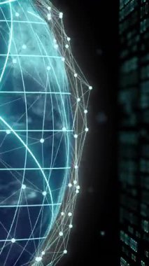 Karanlık arka plan üzerinde ikili kodlama ve veri işleme ile dünyanın animasyonu. Dijital olarak oluşturulmuş küresel yapay zeka, bağlantılar, hesaplama ve veri işleme kavramı.