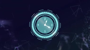 Dönen işaretleri açmak, parçacıklar dijital zamanı görselleştirirken halka ve ellerin hareket etmesine neden olur. Fütürist, soyut, hareket, teknoloji, dijital, dinamik, minimalist