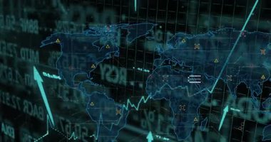 Şebeke animasyonu, harita soluklaşması, işaretlerin belirmesi, yükselen oklar, büyümeyi gösteren grafik titreşimleri. Teknoloji, veri görselleştirme, analitik, finans, dijital arayüz, yenilik, gelecekçilik