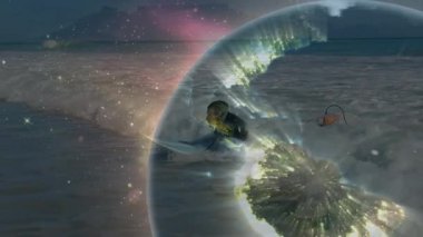 Dalgalarda kürek çeken ve parlayan kıtalarla yarı saydam teknoloji küresi üreten sörfçü. Macera, sükunet, yenilik, bilim, doğa, keşif, huzur