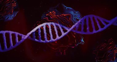 Başlangıçta menekşe mavisi DNA sarmalı sağa kayıyor sonra hareket ekranı için sallanırken tersine dönüyor. Bilimsel, fütüristik, canlı, moleküler, yüksek teknoloji, animasyon, yenilik