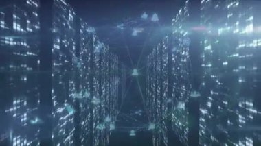 Ağ örtüsü, yanan sunucu raflarında süzülen kamerayı tetikler ve bağlantıları ortaya çıkarır. Gelecekçi, siber, teknoloji, yenilik, bağlantı, dijital, soyut