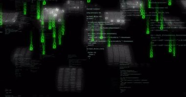 Yüzen yeşil ikili akımlar başlatılıyor C + + + paneller ilerleyip 3D kod ızgarasını gösteriyor. Teknoloji, siber güvenlik, programlama, veri, yazılım, yenilik, dijital