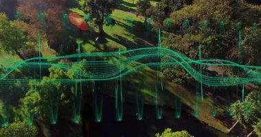 Beyaz kuşlar veriyi görselleştirmek için uçarken İHA 'lı deniz mavisi dalgaboyu grafikleri göletin üzerinde titreşiyor. Doğa, veri, görselleştirme, hava, dinamik, manzara, bilgi