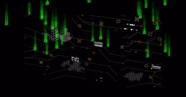 Yeşil ikili düşüşten sonra, ağ canlandırma kodu, altıgen düğümlerini birleştirerek bağlantıyı görselleştiriyor. Teknoloji, siber güvenlik, veri görselleştirme, dijital manzara, yenilik, gelecekçilik, bağlantı