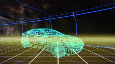 Ağ süpürme tüneli şekil değiştirip Cyan sedan 'ı kaplıyor ve dijital tasarımı gösteriyor. Fütürist, teknoloji, sanal, soyut, kesinlik, yenilik, bilim kurgu