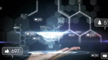 Yastığın üzerinde gezinen kollu eller solan simgeler sosyal verileri gösteren değişken beyin düzleştirmeleri oluşturur. Teknoloji, yenilik, fütürizm, veri görselleştirme, dijital arayüz, yapay zeka, sanal gerçeklik