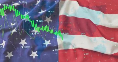 Bullish sinyalleri yeşil çubukları yükseltiyor, Amerikan bayrağını sallıyor, tahtayı gösteriyor, sonra da toplanıyor. Vatanseverlik, finans, piyasa, büyüme, yatırım, ekonomi, analiz