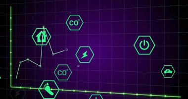 Eksenden yükselen neon poliline grafiği, ölçümler için tepeleri takip ediyor ve eko simgeleri yakalıyor. Teknoloji, yenilik, sürdürülebilirlik, veri görselleştirme, dijital arayüz, analitik, çevre