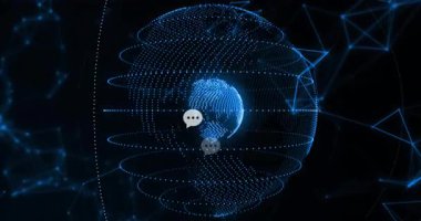 Görünüşte kaybolan 3D noktalı dünya döndürmesi, sohbet baloncukları ortaya çıkıp küresel ağı göstererek kayboluyor. Teknoloji, bağlantı, siber alan, dijital, iletişim, yenilik, gelecek