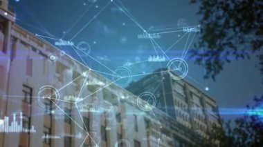 Ofis cephesinde ağ oluşumu, birbirine bağlanan düğümler, titreşen ve bağlantı gösteren süpürme ışınları. Teknoloji, bağlantı, dijital, fütürizm, yenilik, akıllı, siber güvenlik