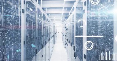 Ölçü görüntüde kayboluyor. Dijital kaplamalar başlatılıyor. Sunucu koridoru görselleştirme metrikleri boyunca canlandırılıyor. Teknoloji, veri görselleştirme, yüksek teknoloji, sibernetik, fütüristik, analitik, yenilik