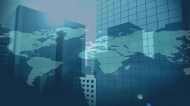 Dünya haritası çatıdaki ufuk çizgisinde kayboluyor, ağ düğümleri görsel bağlantıları tararken titreşiyor. Kentsel, teknoloji, bağlantı, gökdelen, dijital, yenilik, ufuk çizgisi