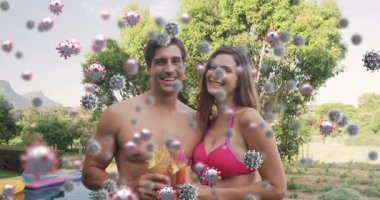 Havuz başında içki içen çift, başlangıçta 3 boyutlu viral parçacıklar sağlık farkındalığı için etrafta sürükleniyorlar. Romantik, boş zaman, yaz, açık hava, coşku, rahatlama, yaşam tarzı